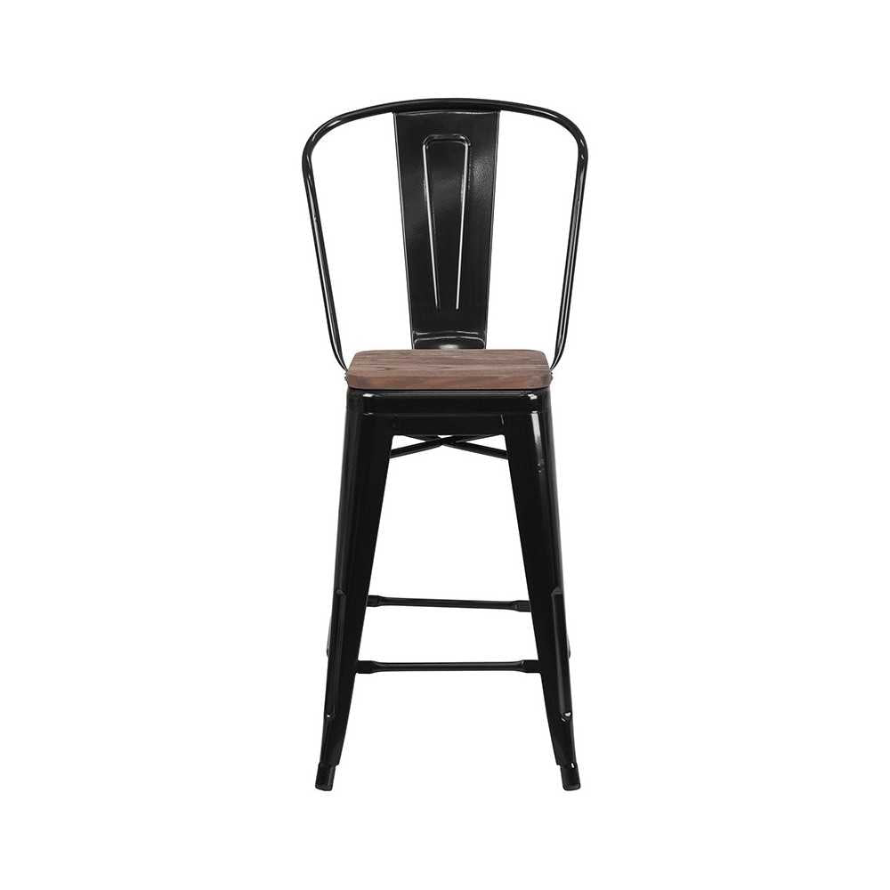 24" High Black Metal Counter Height Stool with Back and Wood Seat