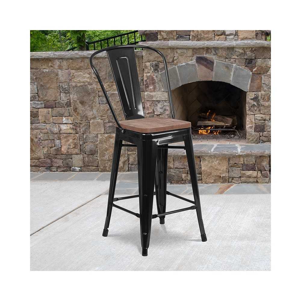 24" High Black Metal Counter Height Stool with Back and Wood Seat