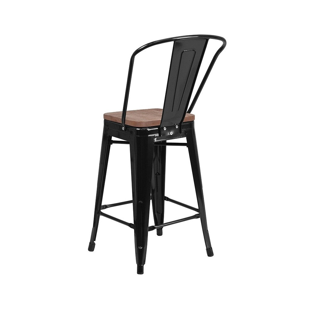 24" High Black Metal Counter Height Stool with Back and Wood Seat