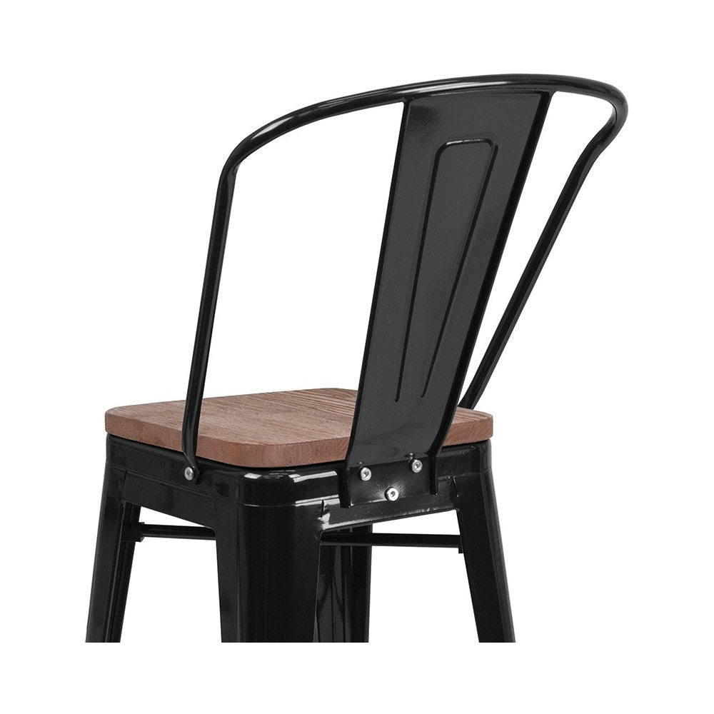 24" High Black Metal Counter Height Stool with Back and Wood Seat