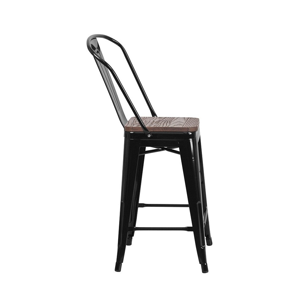24" High Black Metal Counter Height Stool with Back and Wood Seat