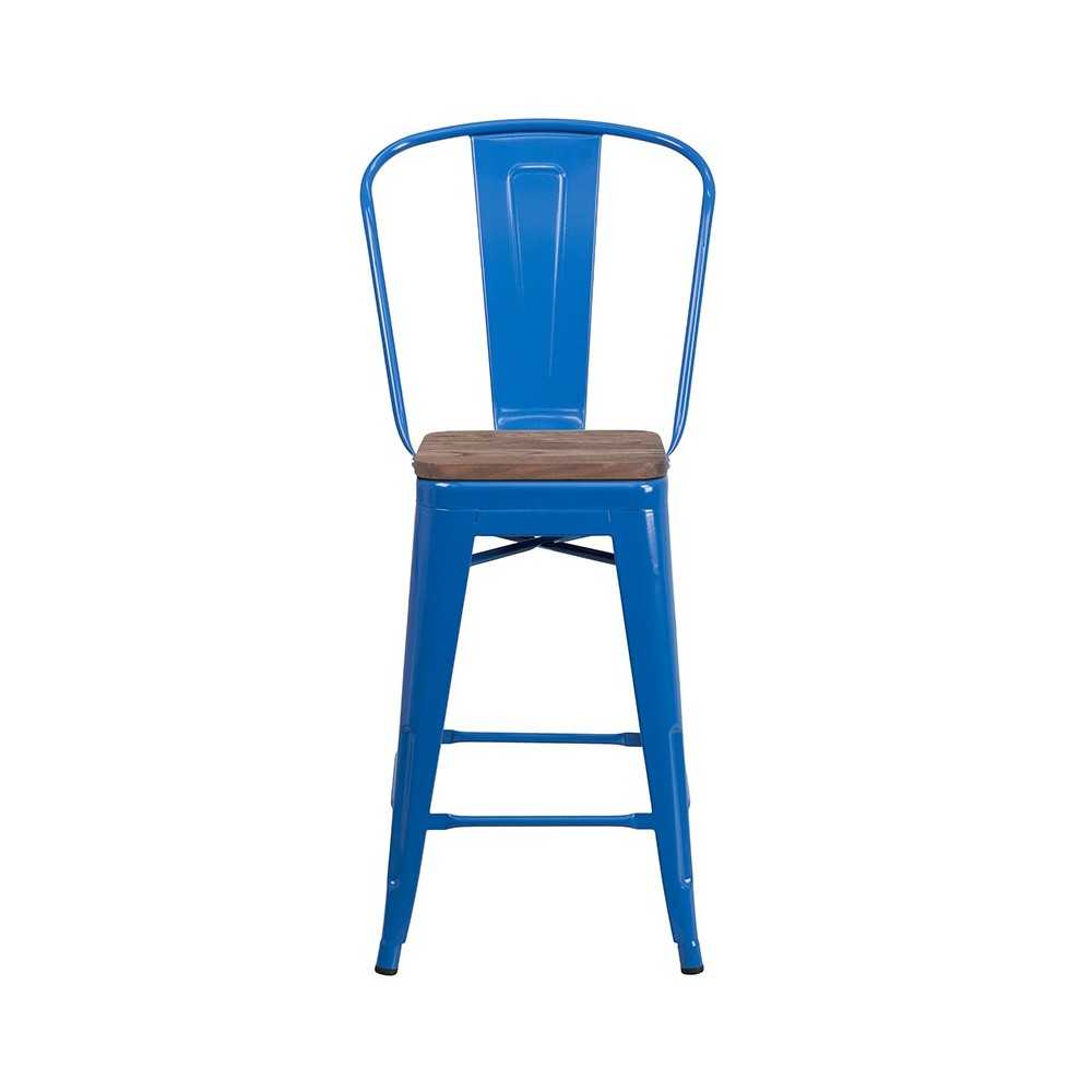 24" High Blue Metal Counter Height Stool with Back and Wood Seat