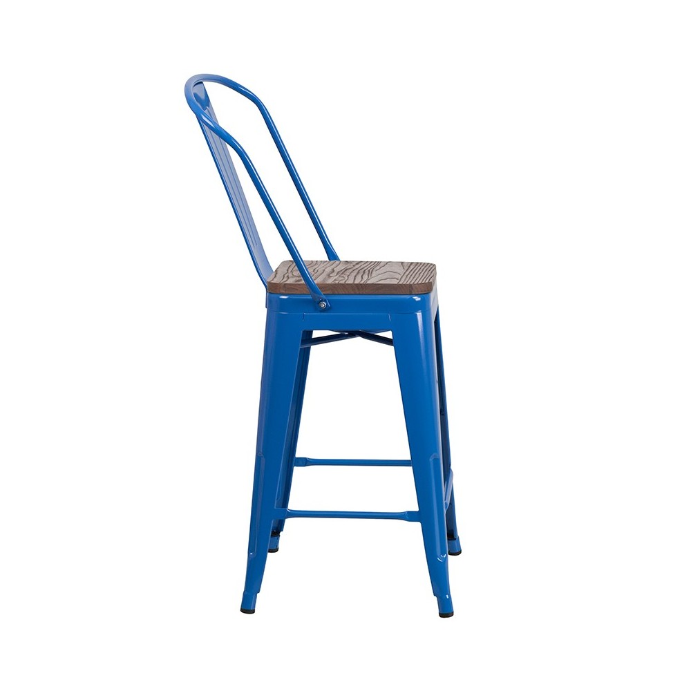24" High Blue Metal Counter Height Stool with Back and Wood Seat