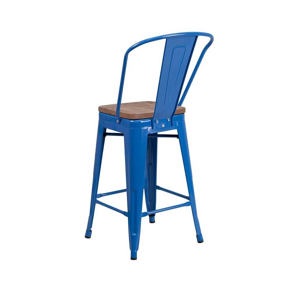 24" High Blue Metal Counter Height Stool with Back and Wood Seat