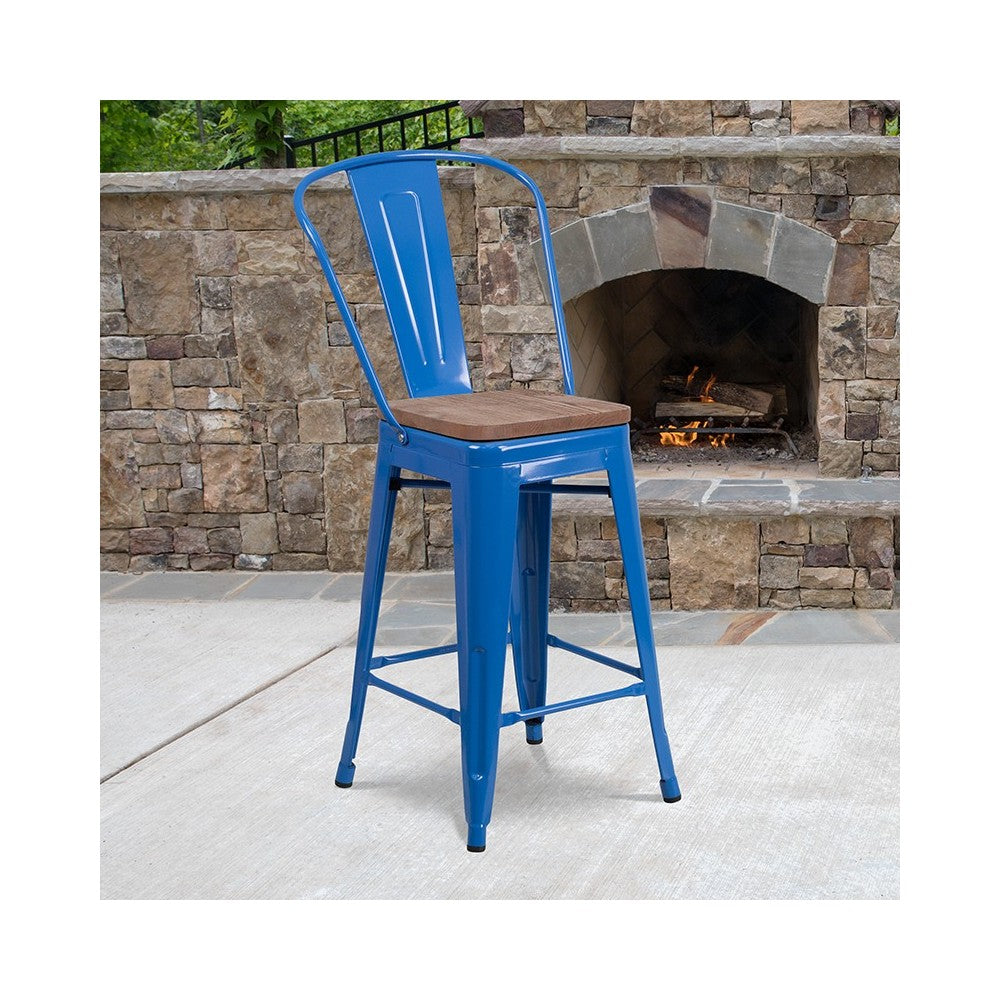 24" High Blue Metal Counter Height Stool with Back and Wood Seat