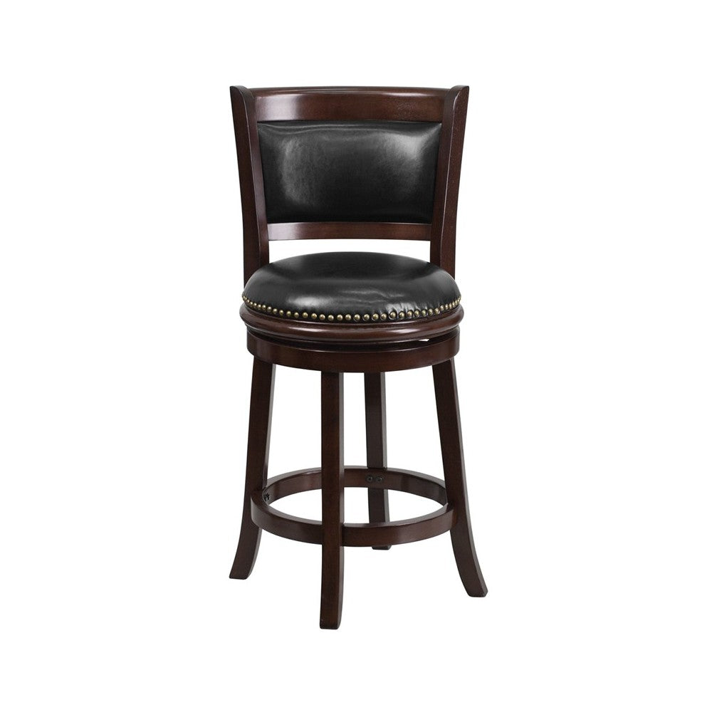 24'' High Cappuccino Wood Counter Height Stool with Panel Back and Black LeatherSoft Swivel Seat