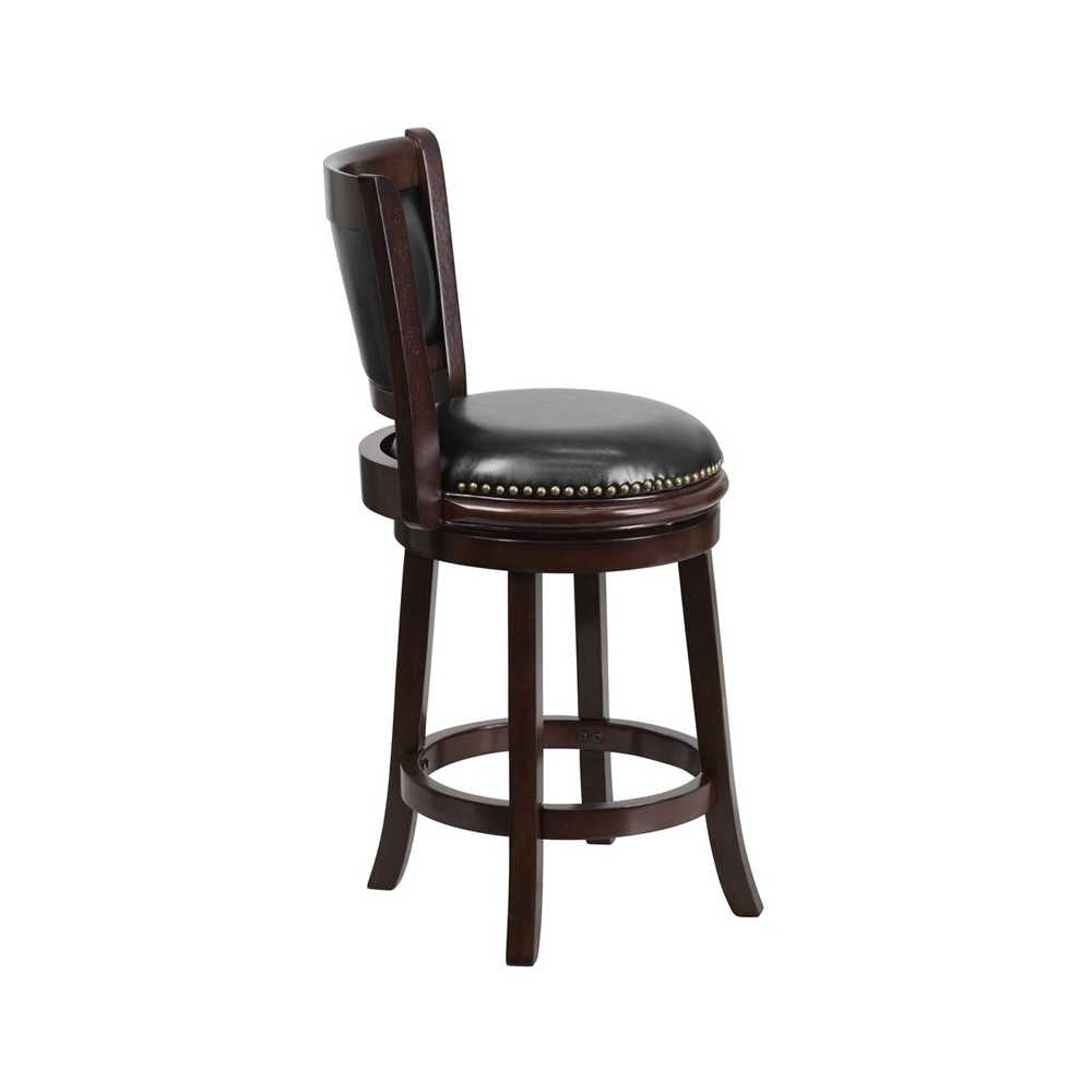 24'' High Cappuccino Wood Counter Height Stool with Panel Back and Black LeatherSoft Swivel Seat