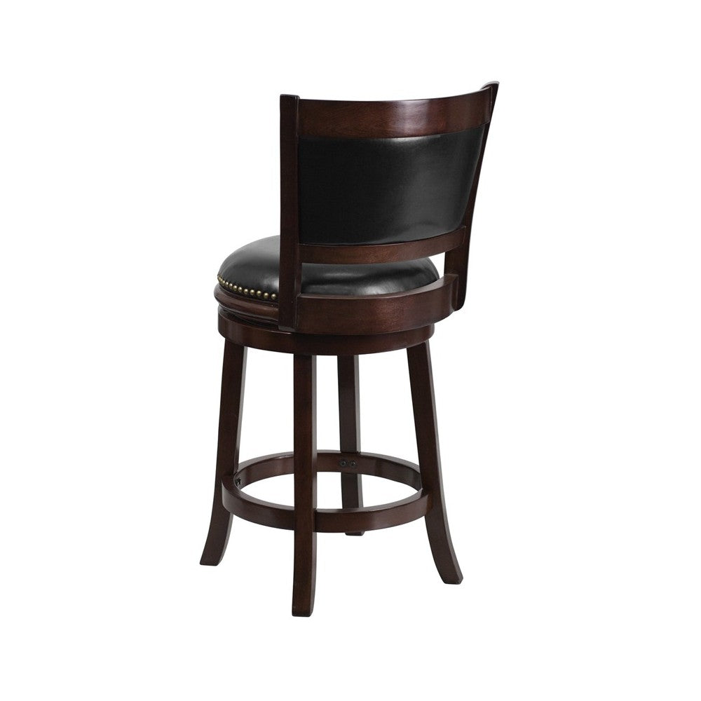 24'' High Cappuccino Wood Counter Height Stool with Panel Back and Black LeatherSoft Swivel Seat