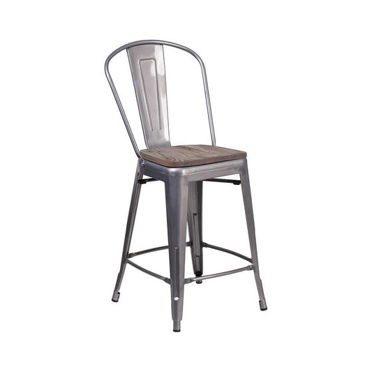 24" High Clear Coated Counter Height Stool with Back and Wood Seat