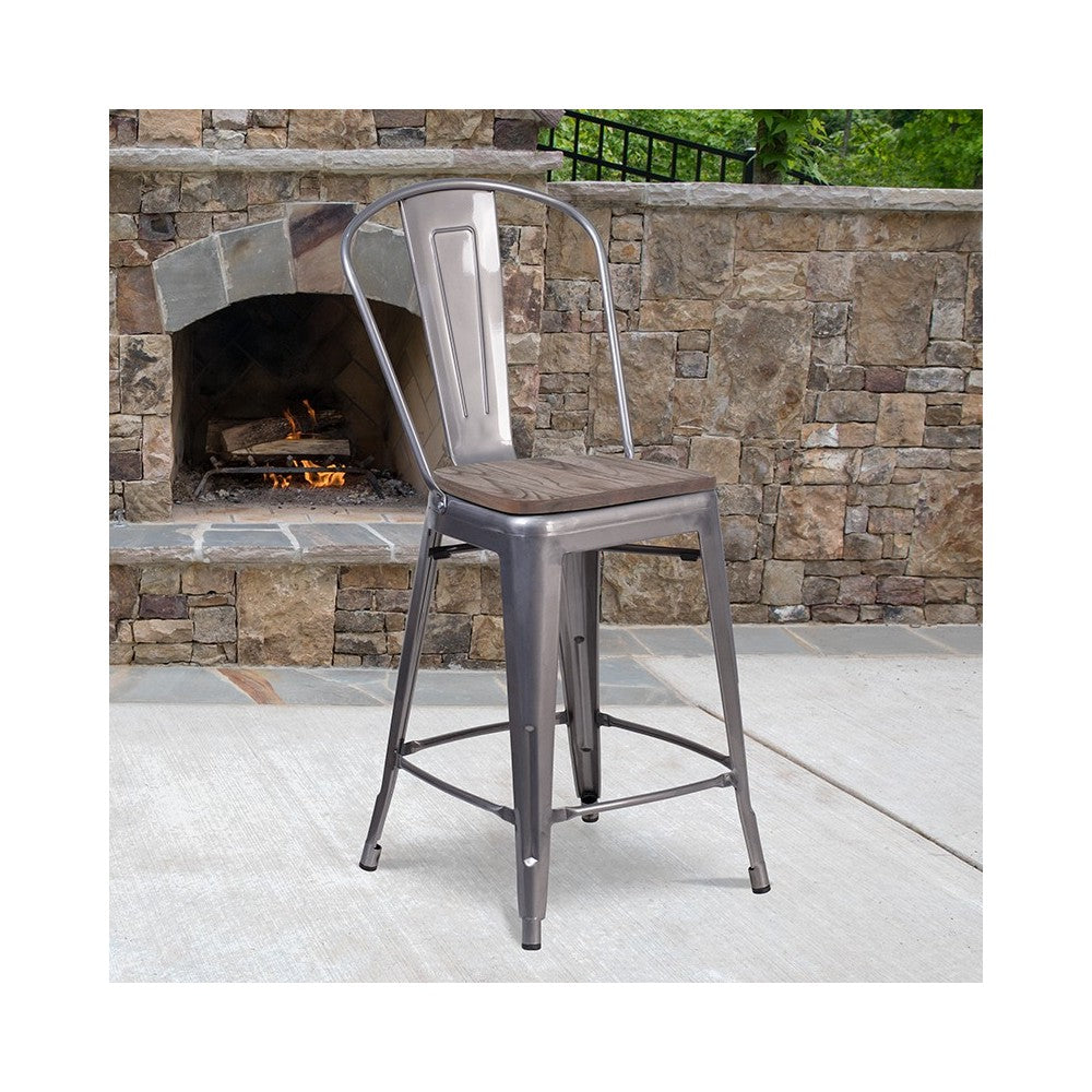 24" High Clear Coated Counter Height Stool with Back and Wood Seat