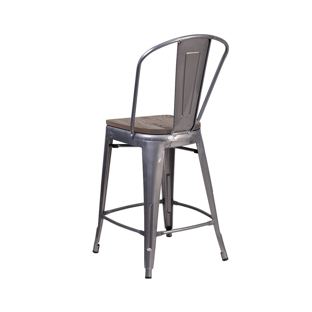 24" High Clear Coated Counter Height Stool with Back and Wood Seat