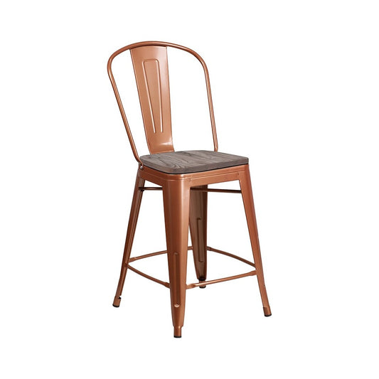 24" High Copper Metal Counter Height Stool with Back and Wood Seat
