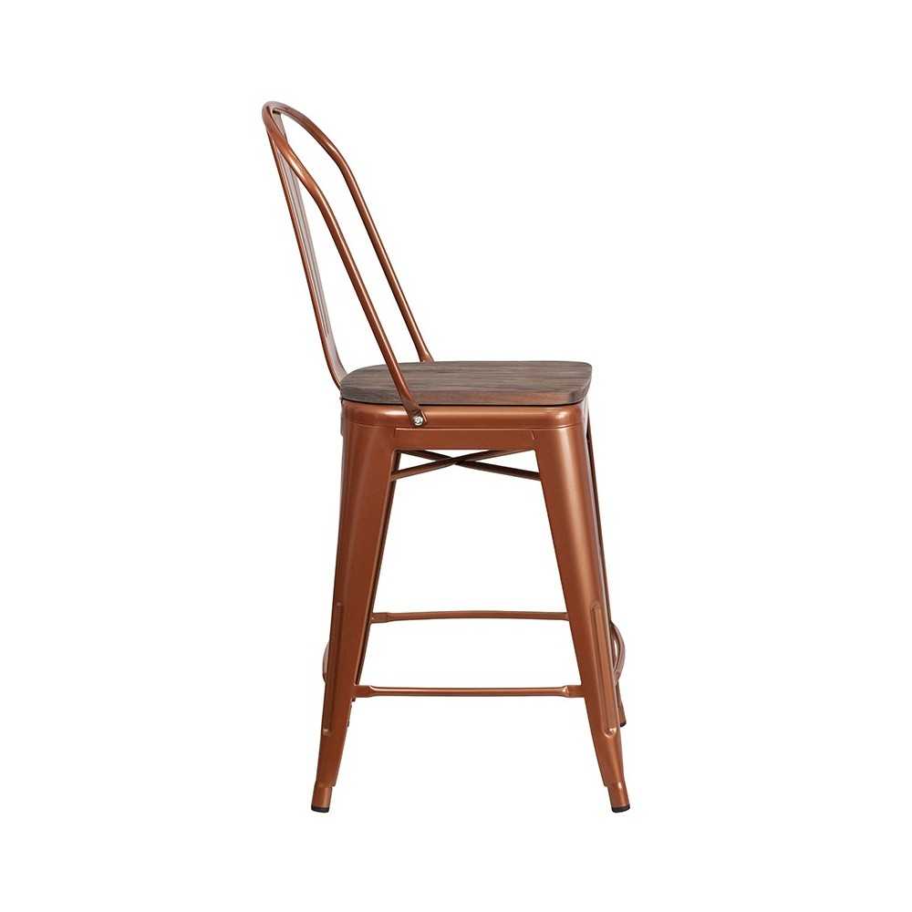 24" High Copper Metal Counter Height Stool with Back and Wood Seat