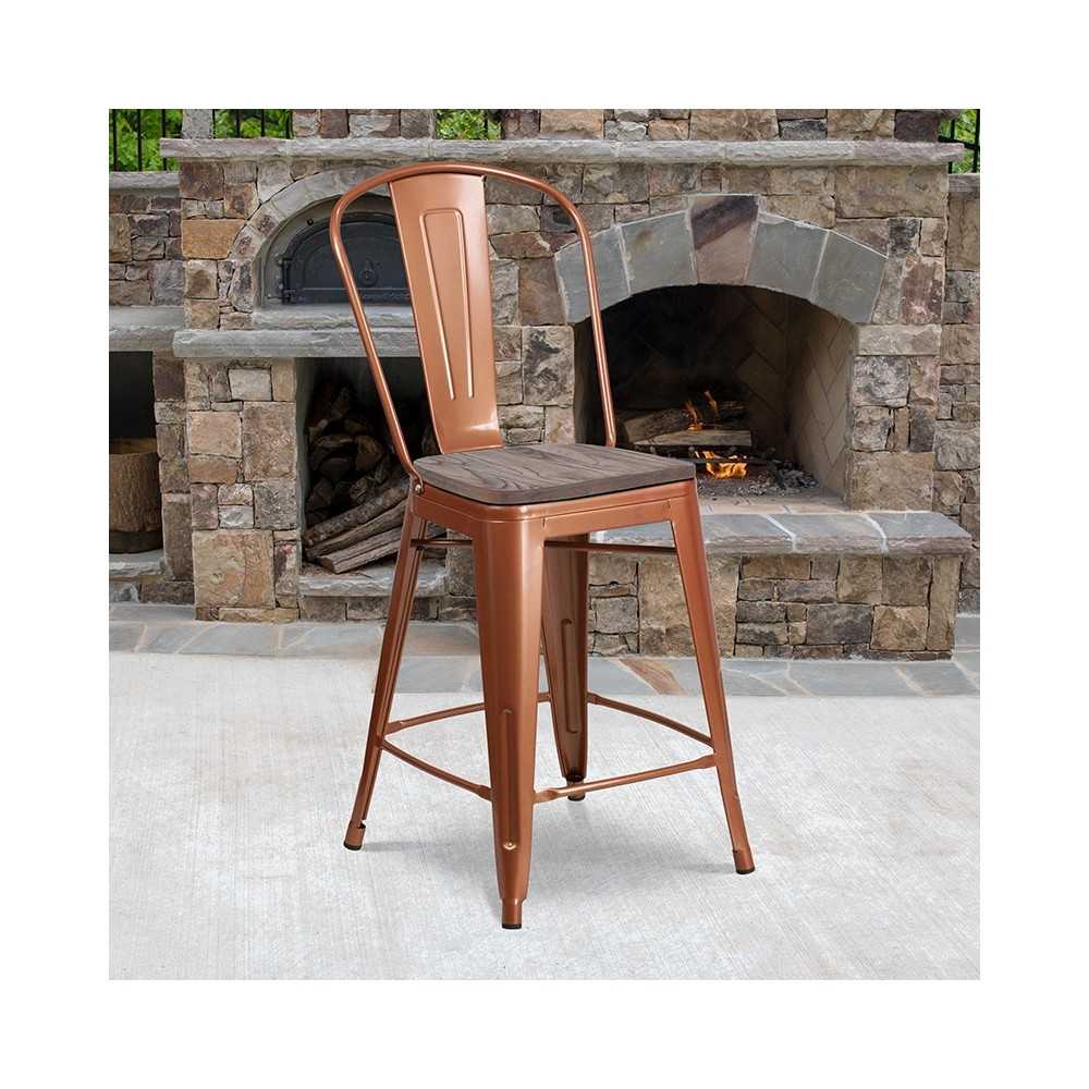 24" High Copper Metal Counter Height Stool with Back and Wood Seat