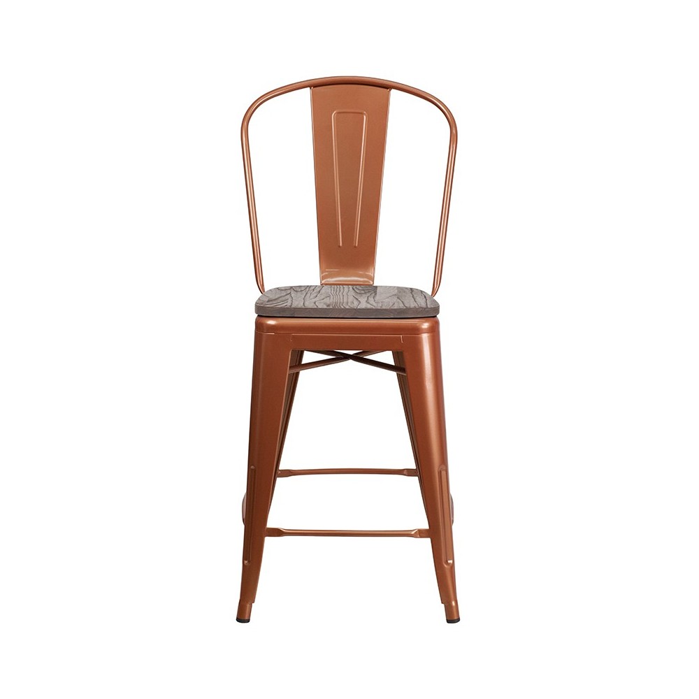 24" High Copper Metal Counter Height Stool with Back and Wood Seat