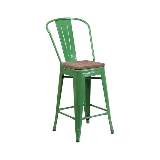 24" High Green Metal Counter Height Stool with Back and Wood Seat
