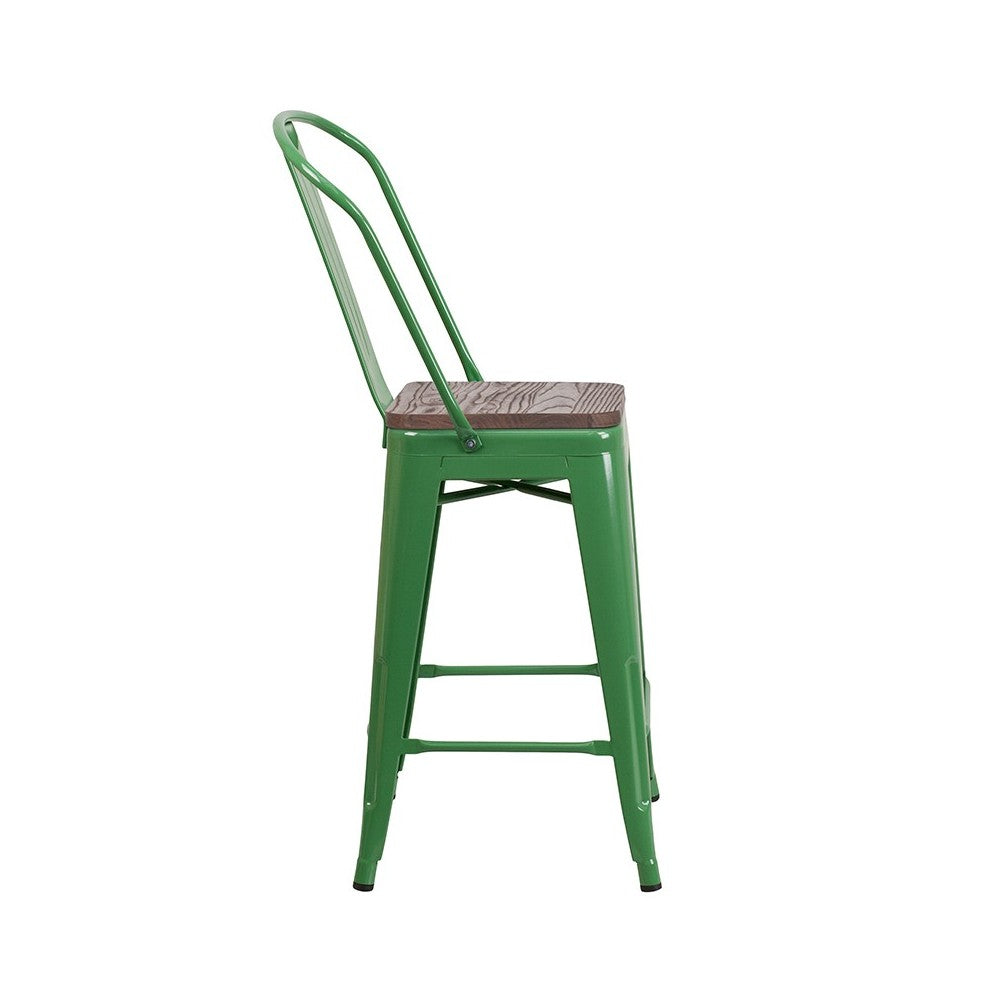 24" High Green Metal Counter Height Stool with Back and Wood Seat