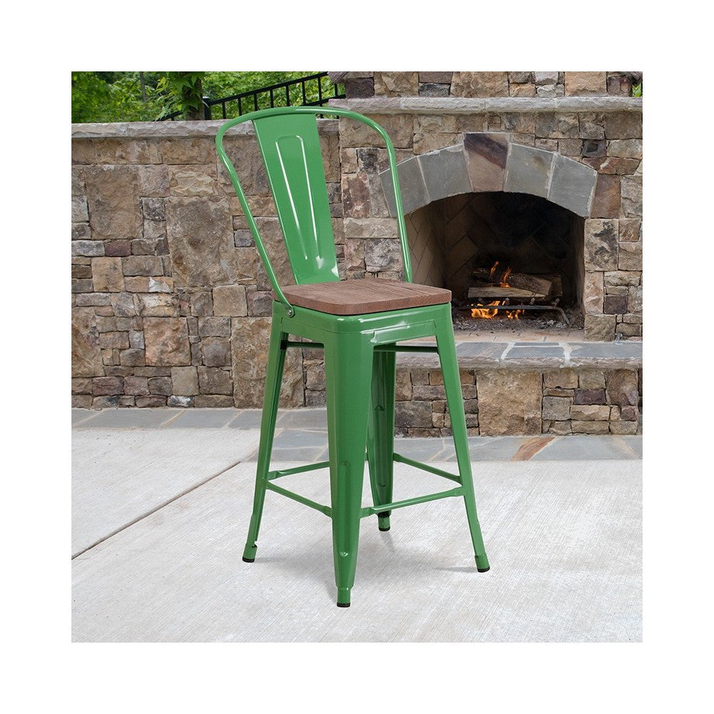 24" High Green Metal Counter Height Stool with Back and Wood Seat
