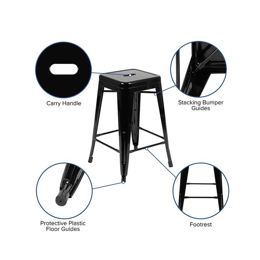 24" High Metal Counter-Height, Indoor Bar Stool in Black - Stackable Set of 4