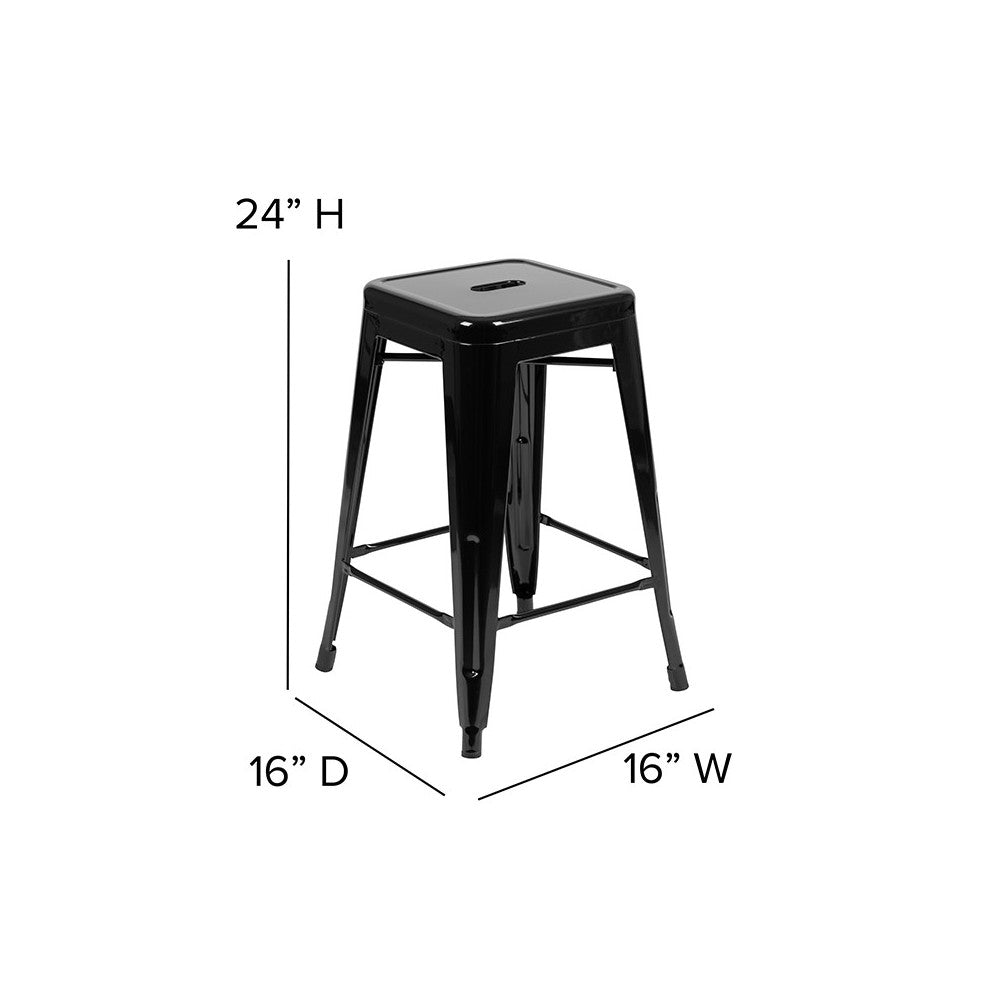 24" High Metal Counter-Height, Indoor Bar Stool in Black - Stackable Set of 4