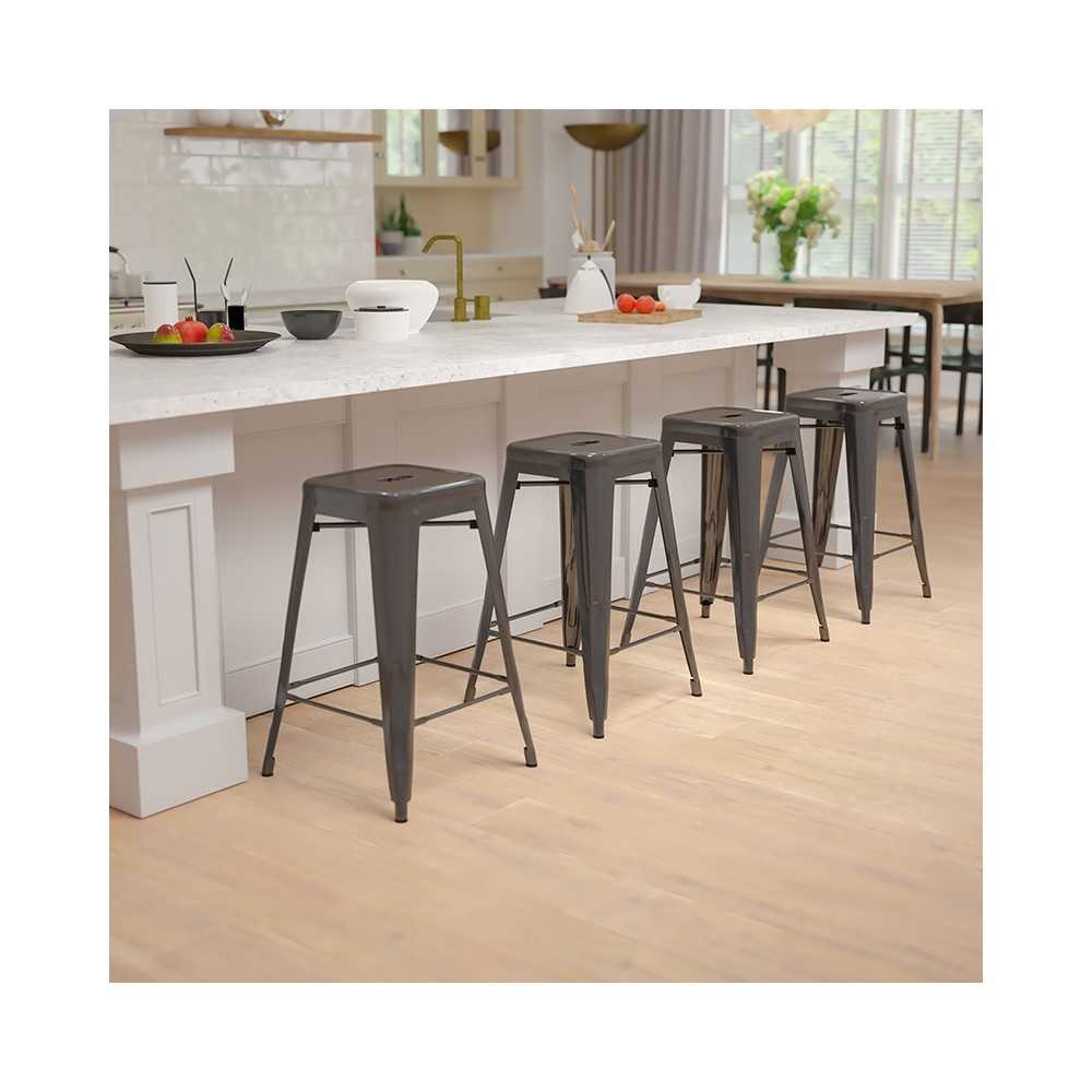 24" High Metal Counter-Height, Indoor Bar Stool in Black - Stackable Set of 4