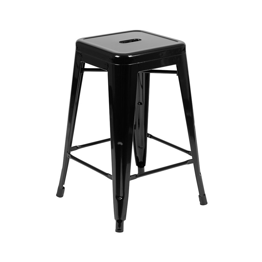 24" High Metal Counter-Height, Indoor Bar Stool in Black - Stackable Set of 4