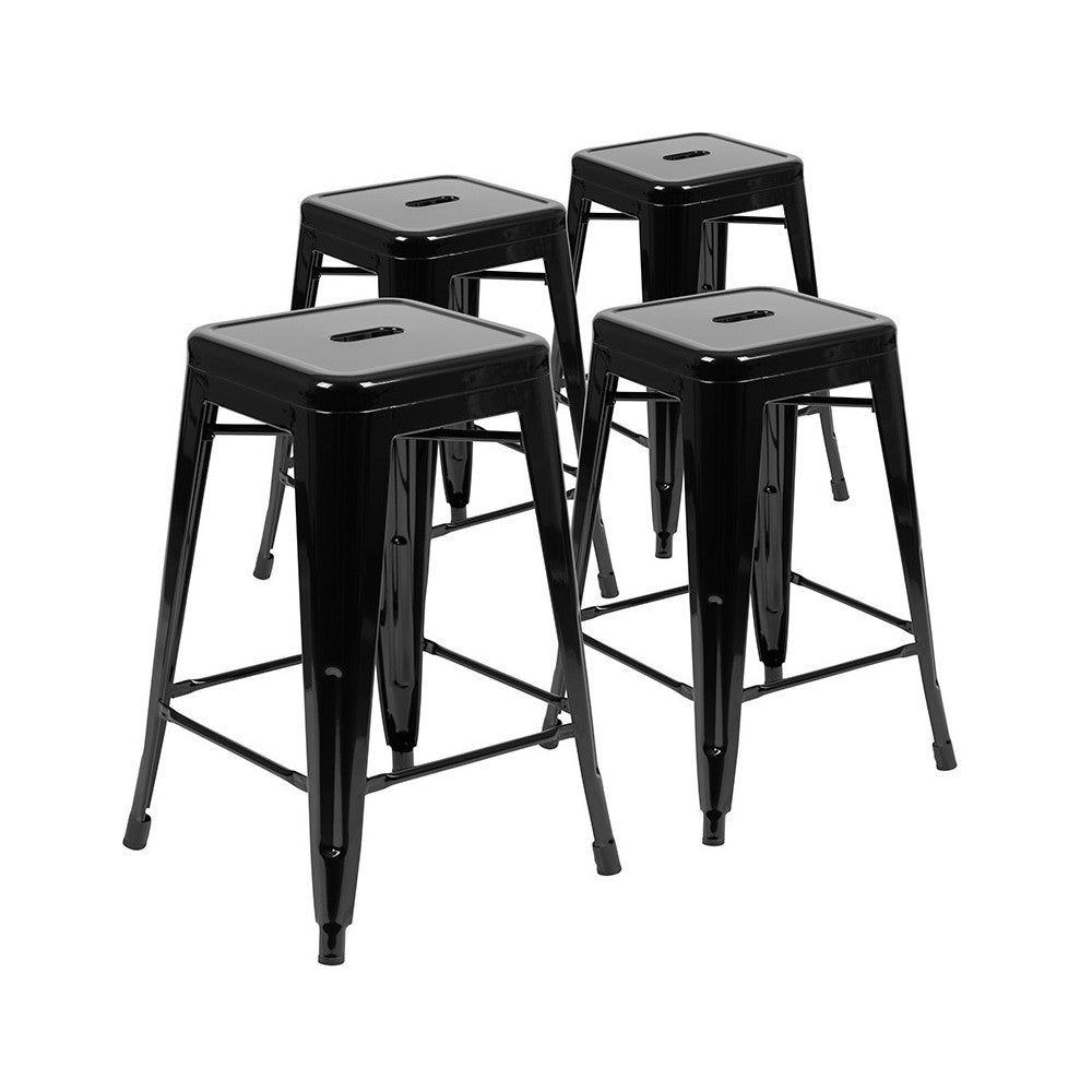 24" High Metal Counter-Height, Indoor Bar Stool in Black - Stackable Set of 4