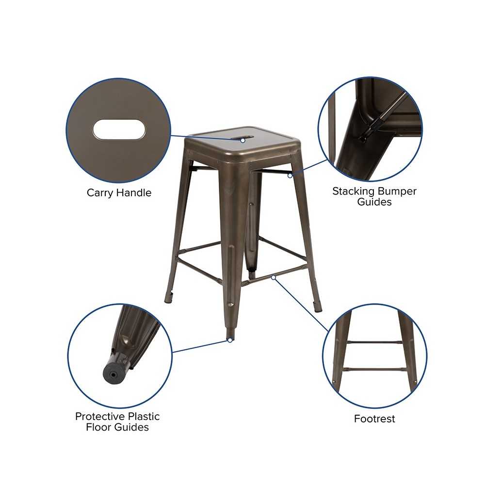 24" High Metal Counter-Height, Indoor Bar Stool in Gun Metal Gray - Stackable Set of 4