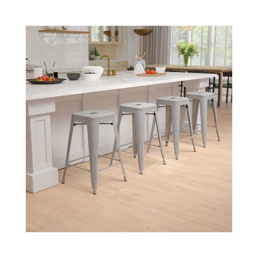 24" High Metal Counter-Height, Indoor Bar Stool in Silver - Stackable Set of 4