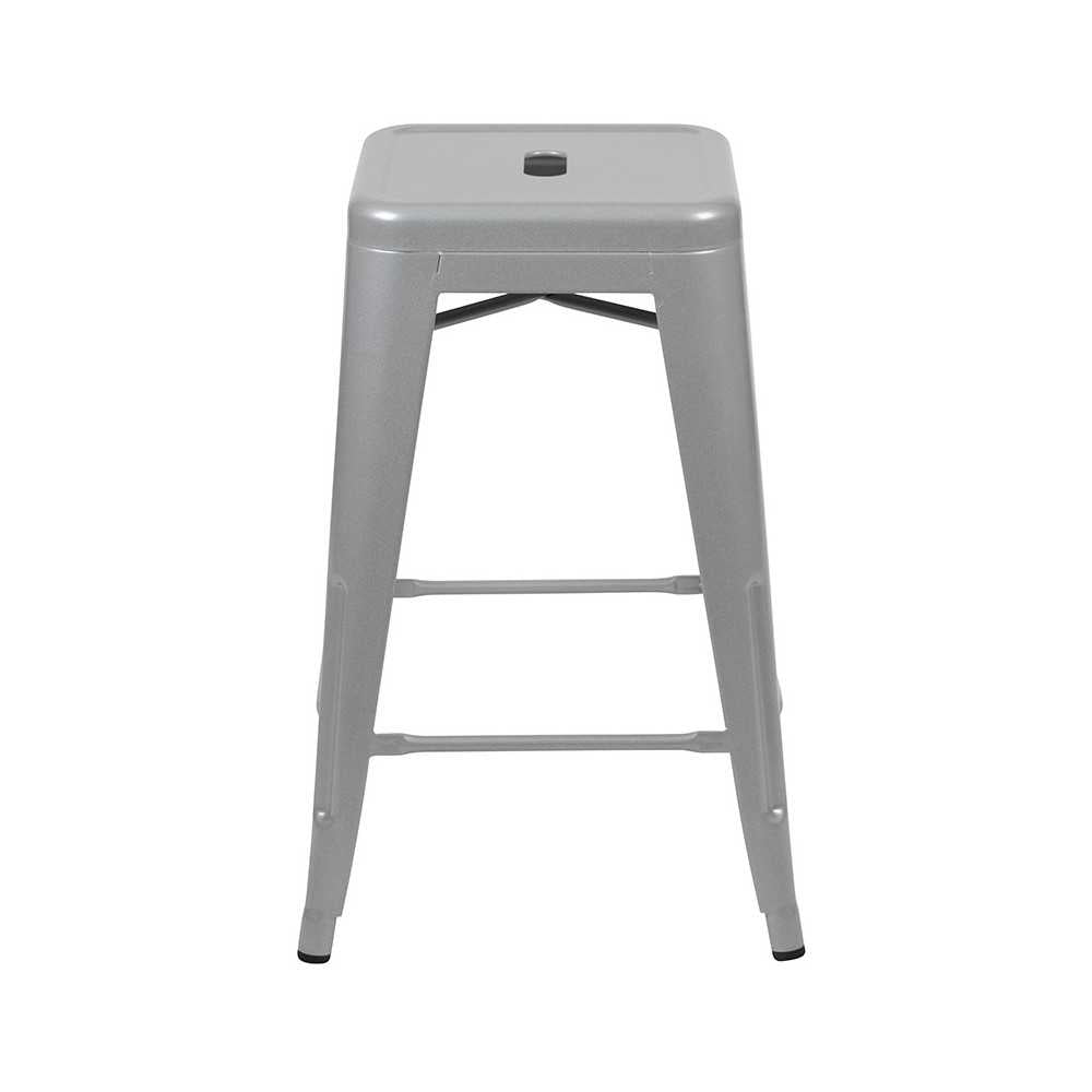 24" High Metal Counter-Height, Indoor Bar Stool in Silver - Stackable Set of 4
