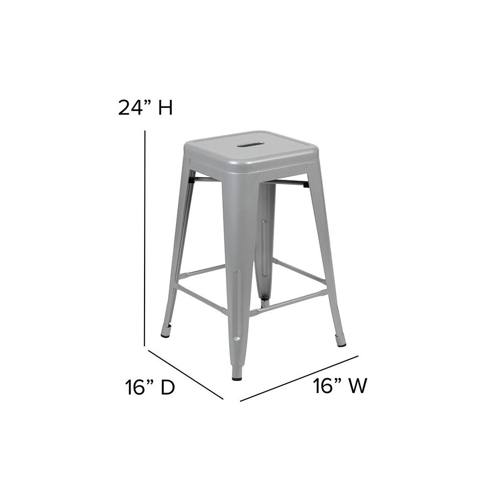 24" High Metal Counter-Height, Indoor Bar Stool in Silver - Stackable Set of 4