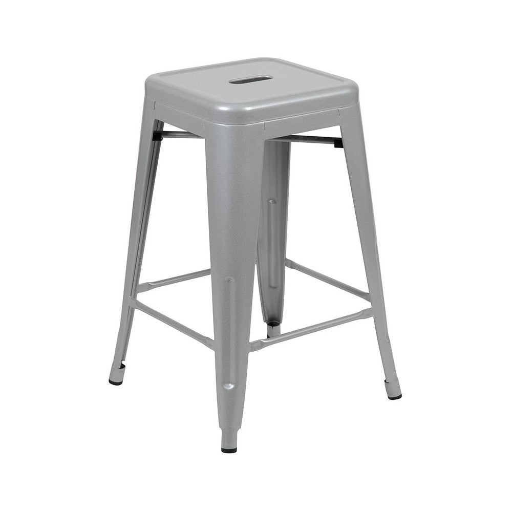 24" High Metal Counter-Height, Indoor Bar Stool in Silver - Stackable Set of 4