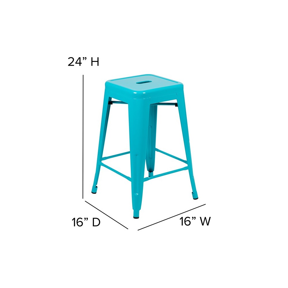 24" High Metal Counter-Height, Indoor Bar Stool in Teal - Stackable Set of 4