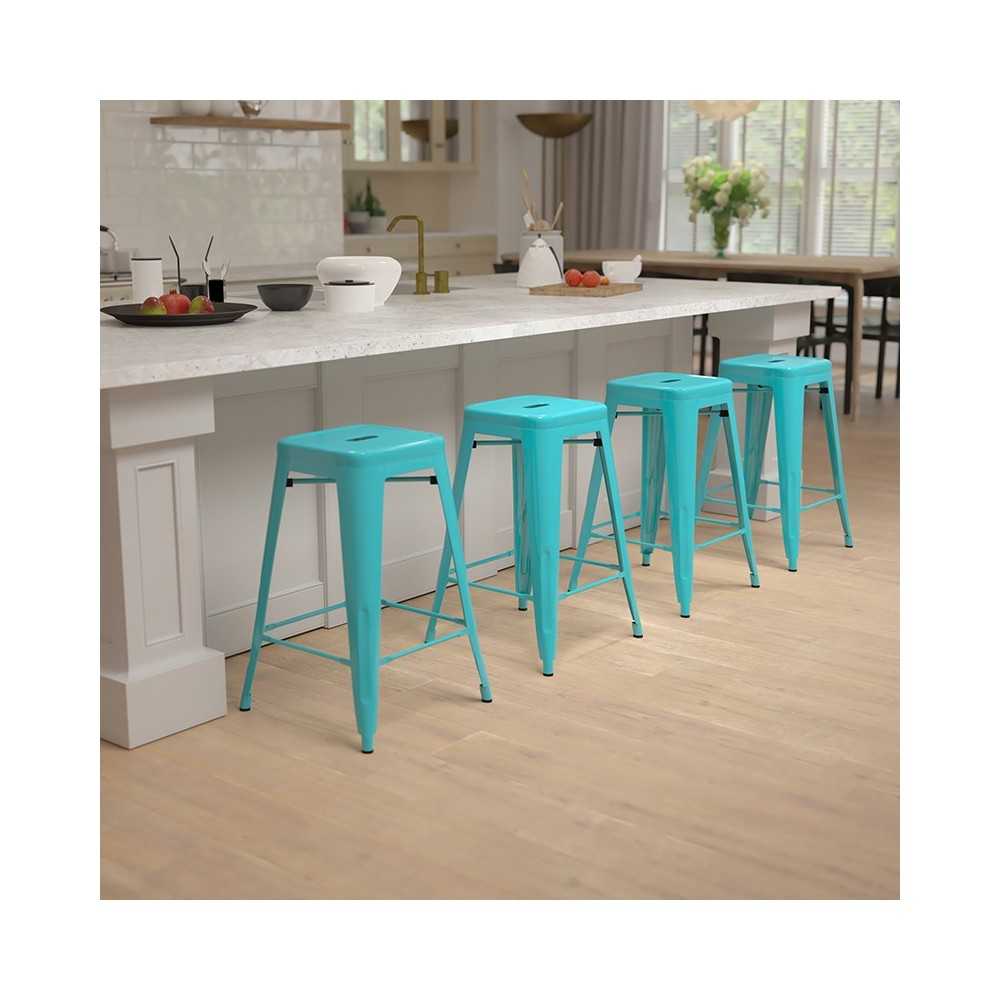 24" High Metal Counter-Height, Indoor Bar Stool in Teal - Stackable Set of 4