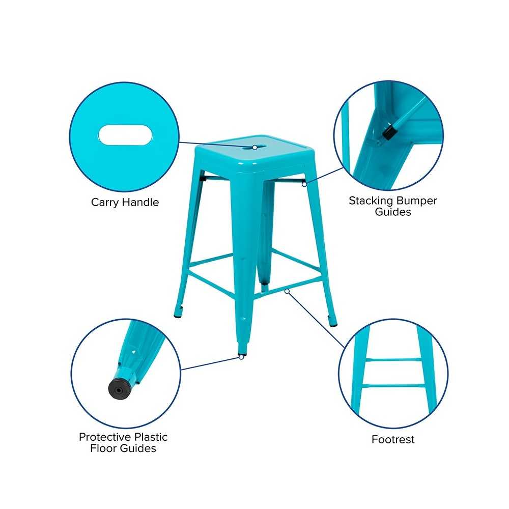 24" High Metal Counter-Height, Indoor Bar Stool in Teal - Stackable Set of 4