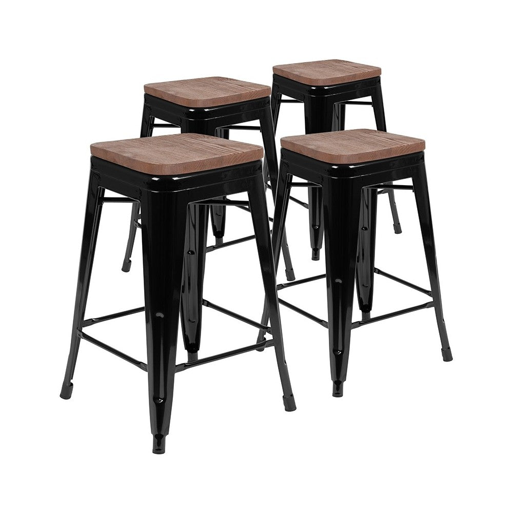 24" High Metal Counter-Height, Indoor Bar Stool with Wood Seat in Black - Stackable Set of 4