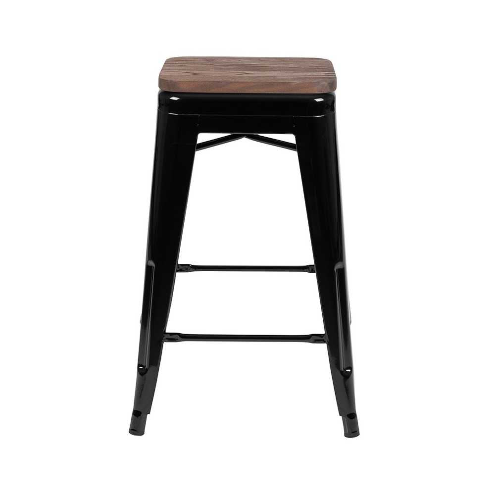 24" High Metal Counter-Height, Indoor Bar Stool with Wood Seat in Black - Stackable Set of 4