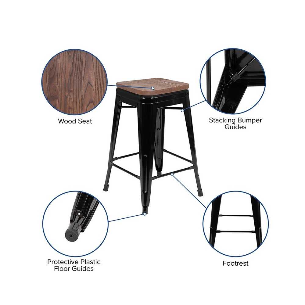 24" High Metal Counter-Height, Indoor Bar Stool with Wood Seat in Black - Stackable Set of 4