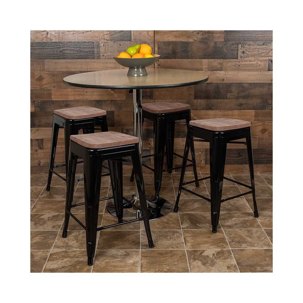 24" High Metal Counter-Height, Indoor Bar Stool with Wood Seat in Black - Stackable Set of 4