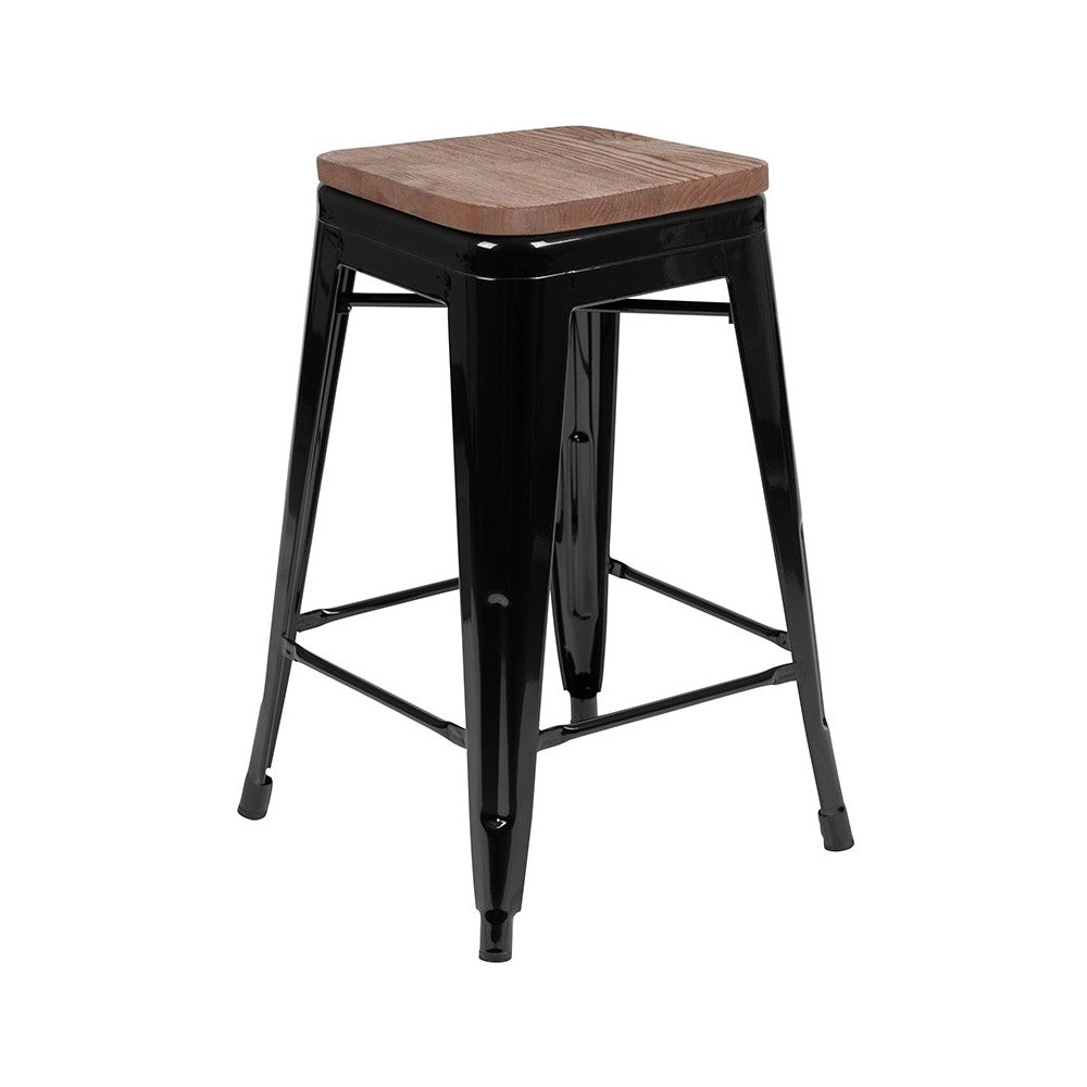 24" High Metal Counter-Height, Indoor Bar Stool with Wood Seat in Black - Stackable Set of 4