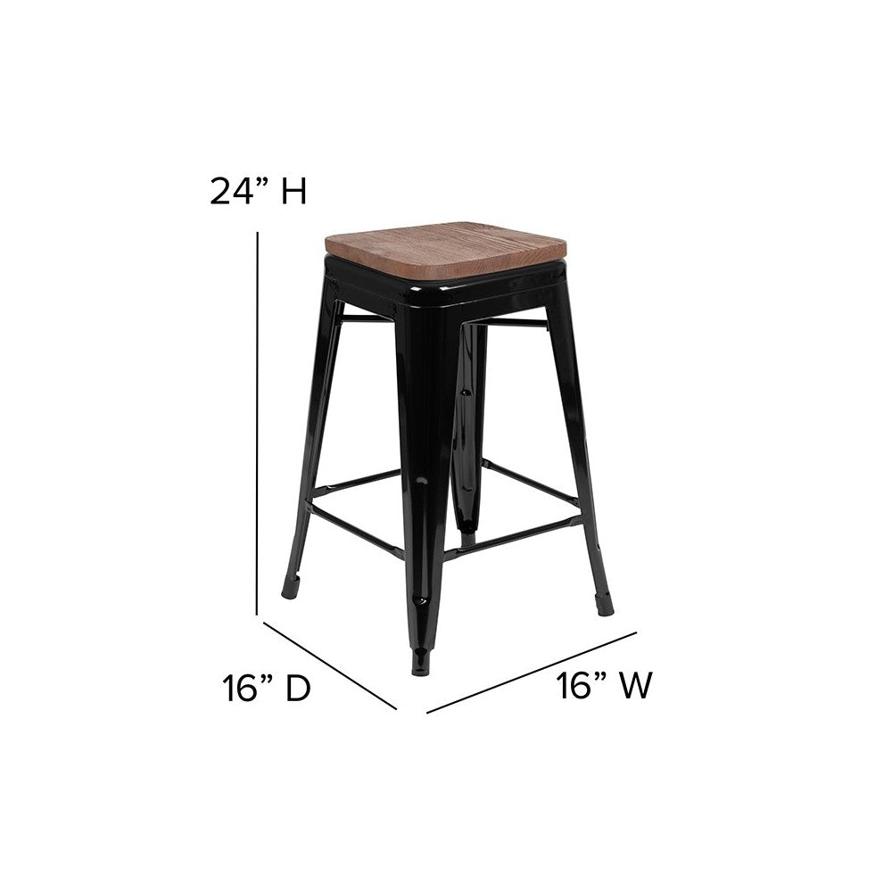 24" High Metal Counter-Height, Indoor Bar Stool with Wood Seat in Black - Stackable Set of 4