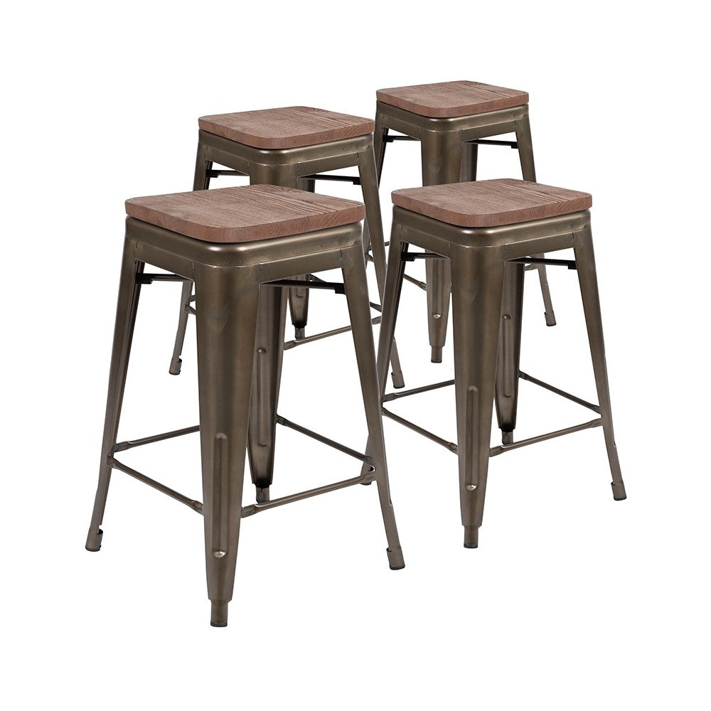 24" High Metal Counter-Height, Indoor Bar Stool with Wood Seat in Gun Metal Gray - Stackable Set of 4