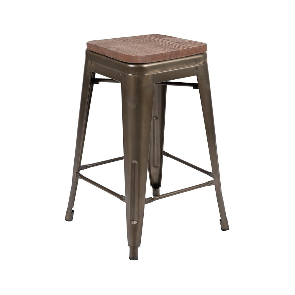 24" High Metal Counter-Height, Indoor Bar Stool with Wood Seat in Gun Metal Gray - Stackable Set of 4