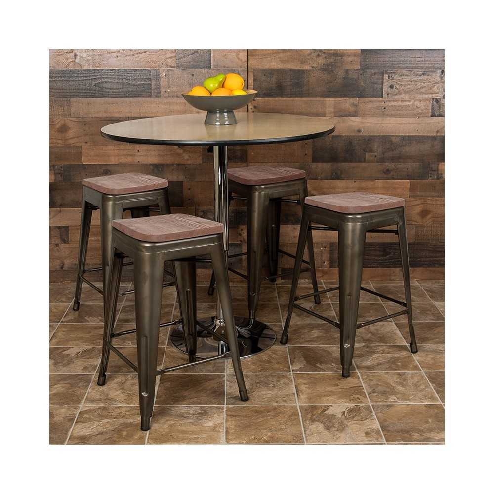 24" High Metal Counter-Height, Indoor Bar Stool with Wood Seat in Gun Metal Gray - Stackable Set of 4