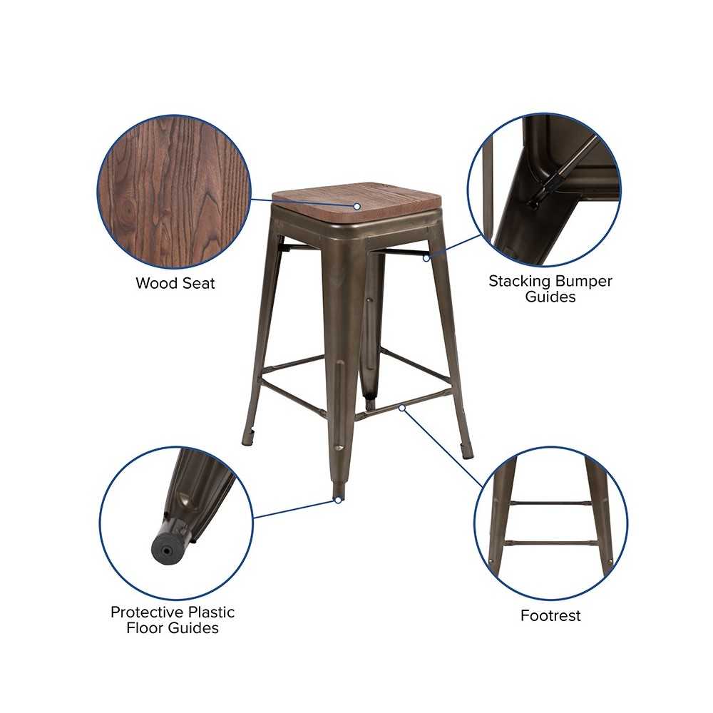 24" High Metal Counter-Height, Indoor Bar Stool with Wood Seat in Gun Metal Gray - Stackable Set of 4