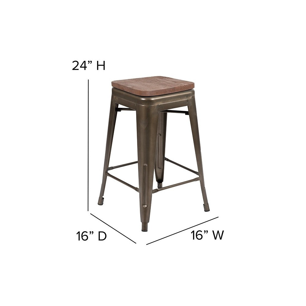 24" High Metal Counter-Height, Indoor Bar Stool with Wood Seat in Gun Metal Gray - Stackable Set of 4