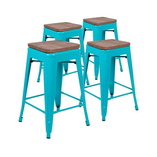 24" High Metal Counter-Height, Indoor Bar Stool with Wood Seat in Teal - Stackable Set of 4