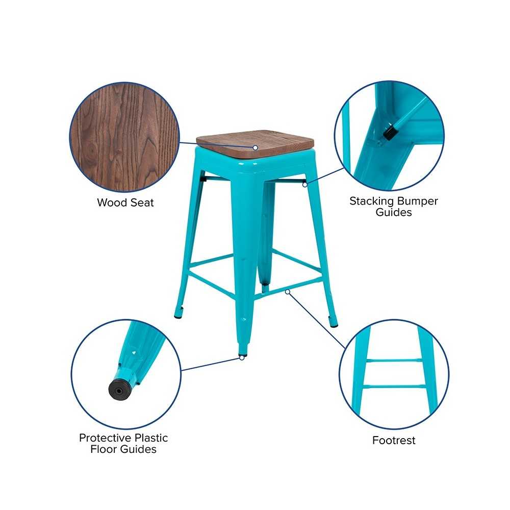 24" High Metal Counter-Height, Indoor Bar Stool with Wood Seat in Teal - Stackable Set of 4