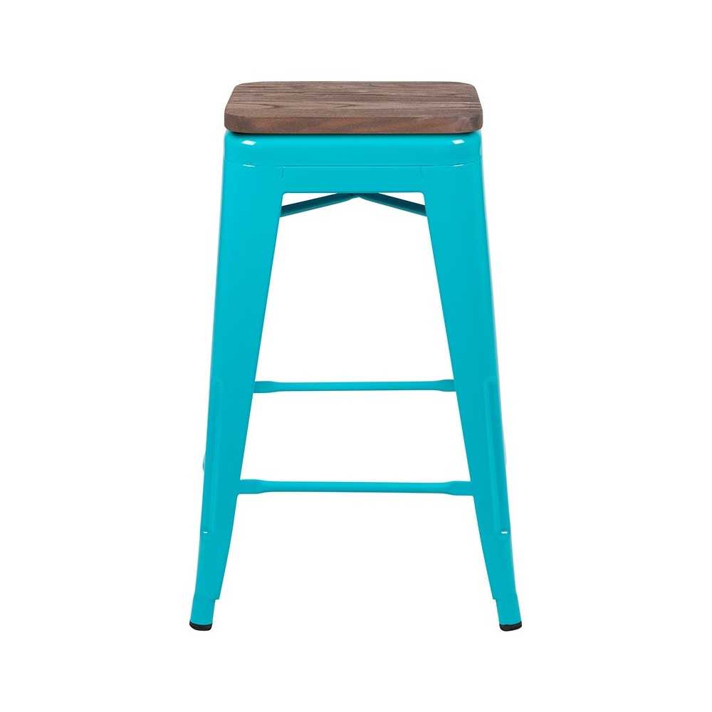 24" High Metal Counter-Height, Indoor Bar Stool with Wood Seat in Teal - Stackable Set of 4