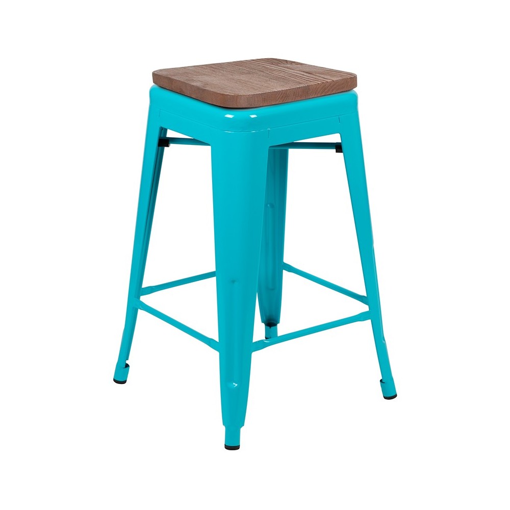 24" High Metal Counter-Height, Indoor Bar Stool with Wood Seat in Teal - Stackable Set of 4